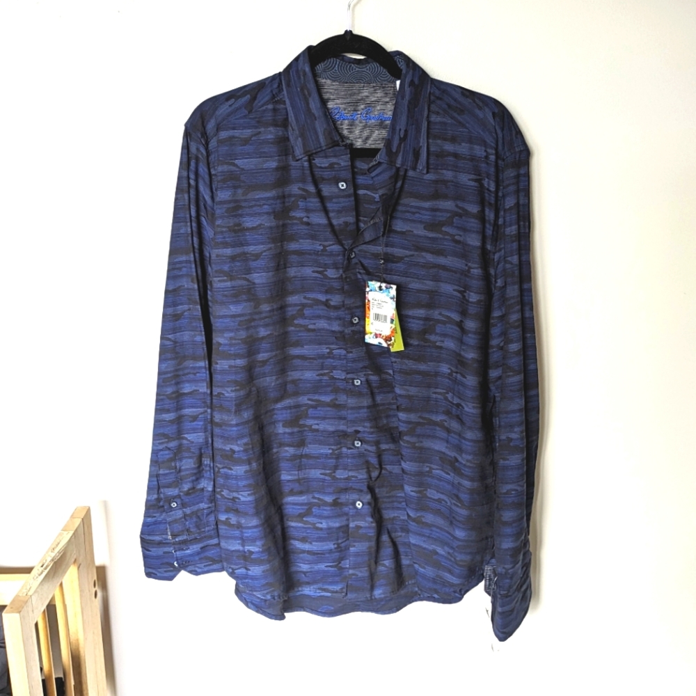 NWT $228 Robert Graham Blue LS Button Down Navy Camo XL collared dress shirt men